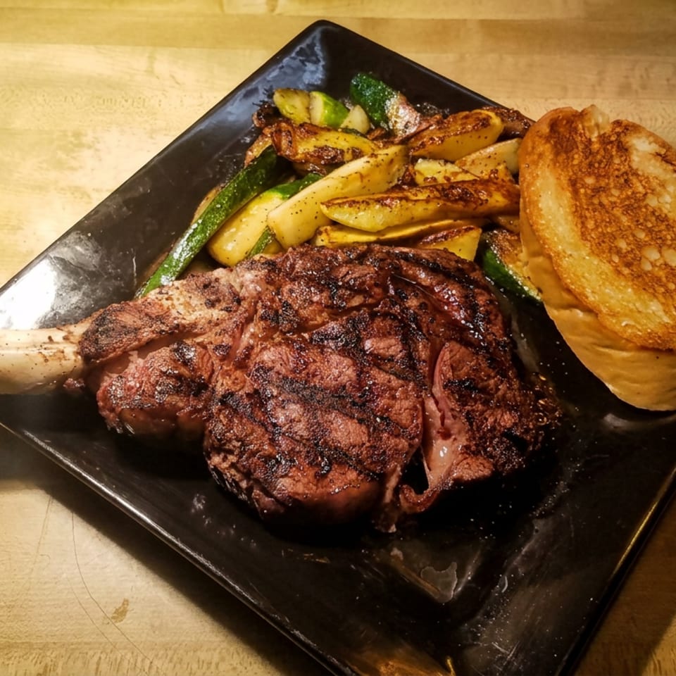 Grilled steak with roasted vegetables, a toasted bun, and bone served on a black plate atop a wooden table.