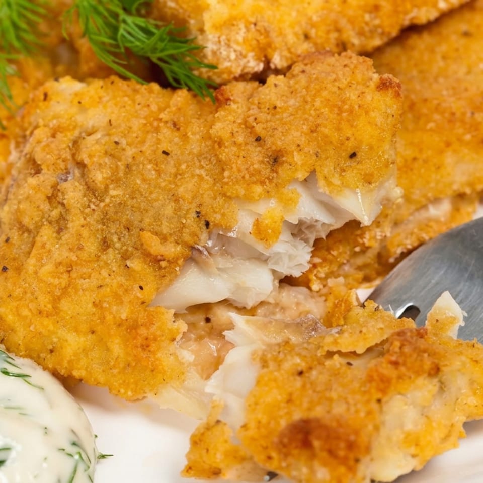 Golden breaded fish fillets with creamy dill sauce, garnished with fresh dill and served with a fork.