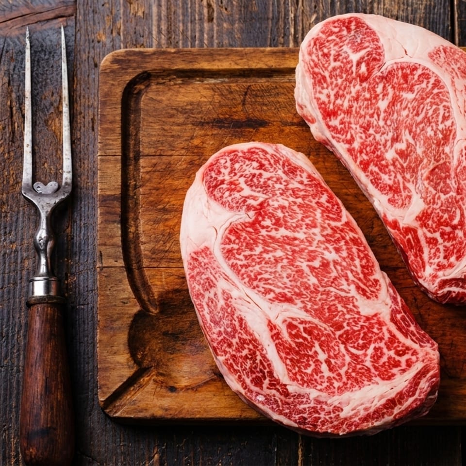 Two heavily marbled raw steaks rest on a wooden cutting board beside a vintage carving fork.
