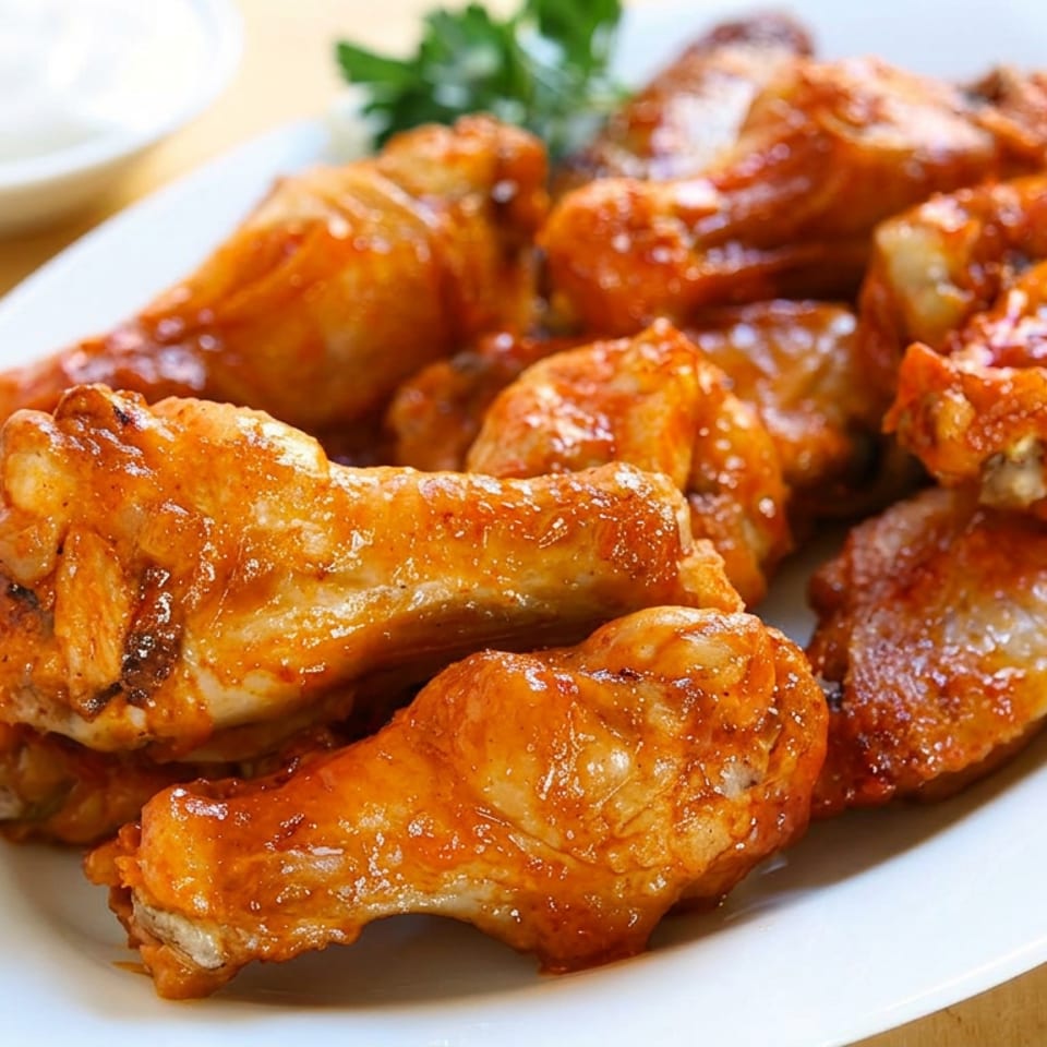 Glazed chicken wings piled on a white oval plate with dipping sauce and parsley garnish.